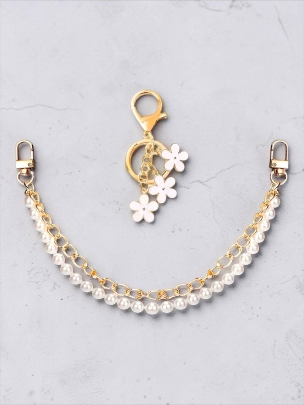 Gold Pearl Chain Bag Charm Set Floral Coquette Feminine Luxe Purse Decor